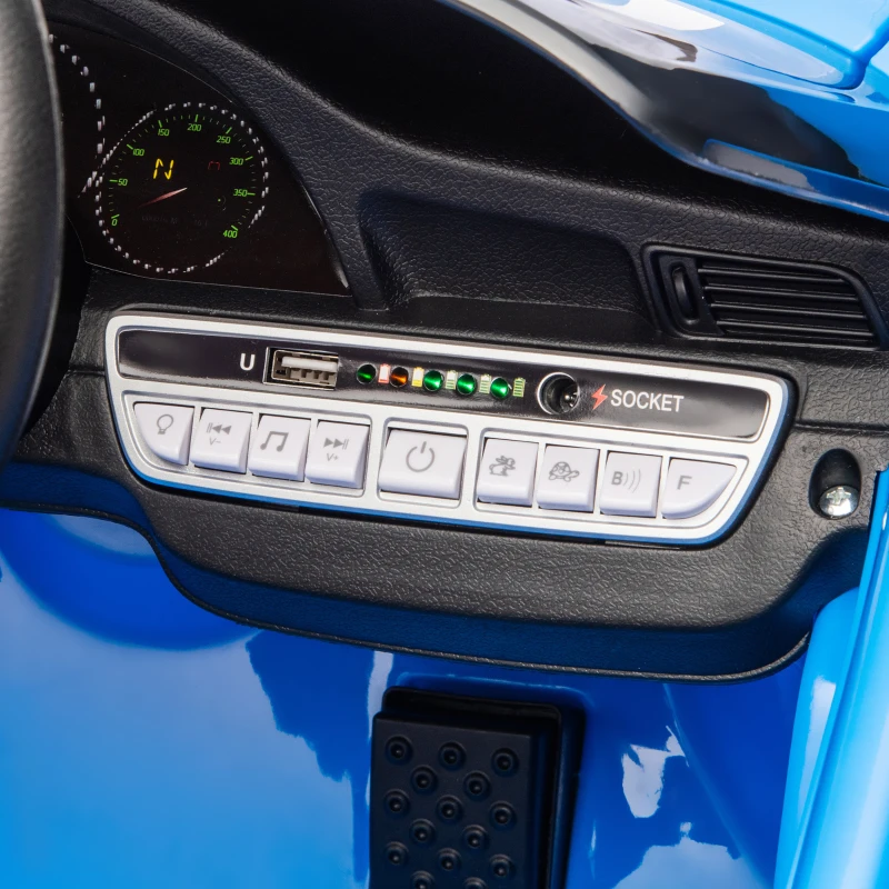 AIYAPLAY Carro Elétrico para Crianças de Polícia  12V com Motor Duplo Sirene Música Sem Fios Buzina Rodas Auxiliares e Faróis LED 105x58x49 cm Azul