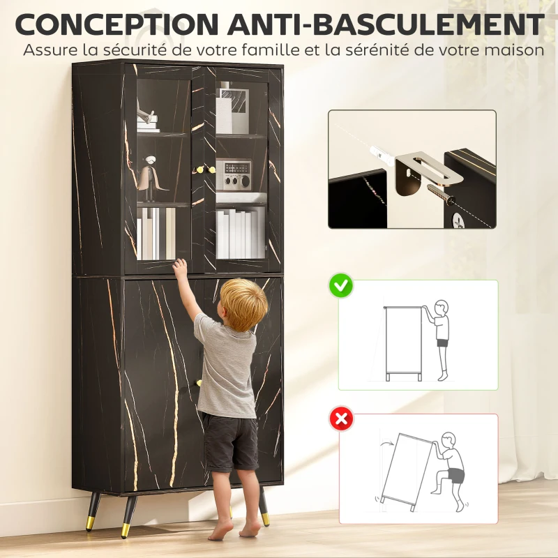 HOMCOM Bibliothèque, étagère à 6 niveaux, meuble de rangement 6 étagères ouvertes porte vitrée et placard 70 x 35 x 170 cm noir