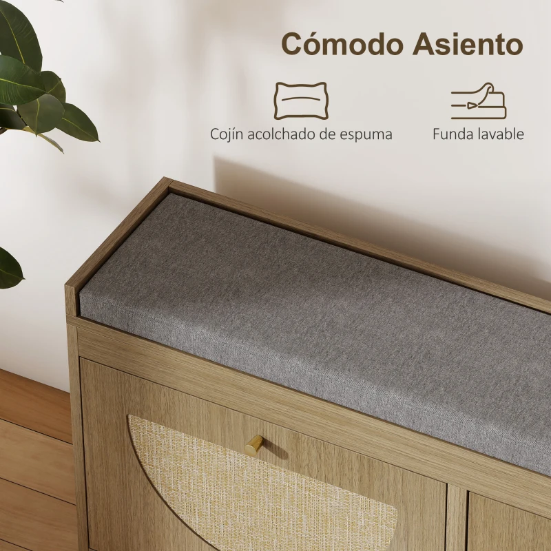 HOMCOM Banco Zapatero con Asiento Acolchado Puertas Frentes de Ratán Estante Ajustable para 8 Pares de Zapatos Natural