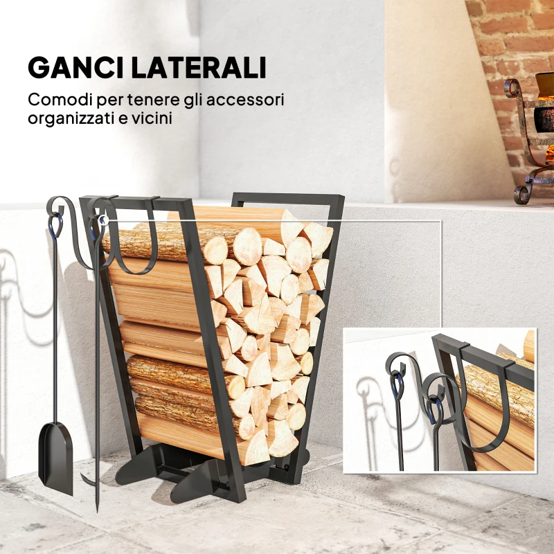 Outsunny Scaffale Portalegna con Ganci da Esterno e Interno in Acciaio, 45x32x58cm, Nero