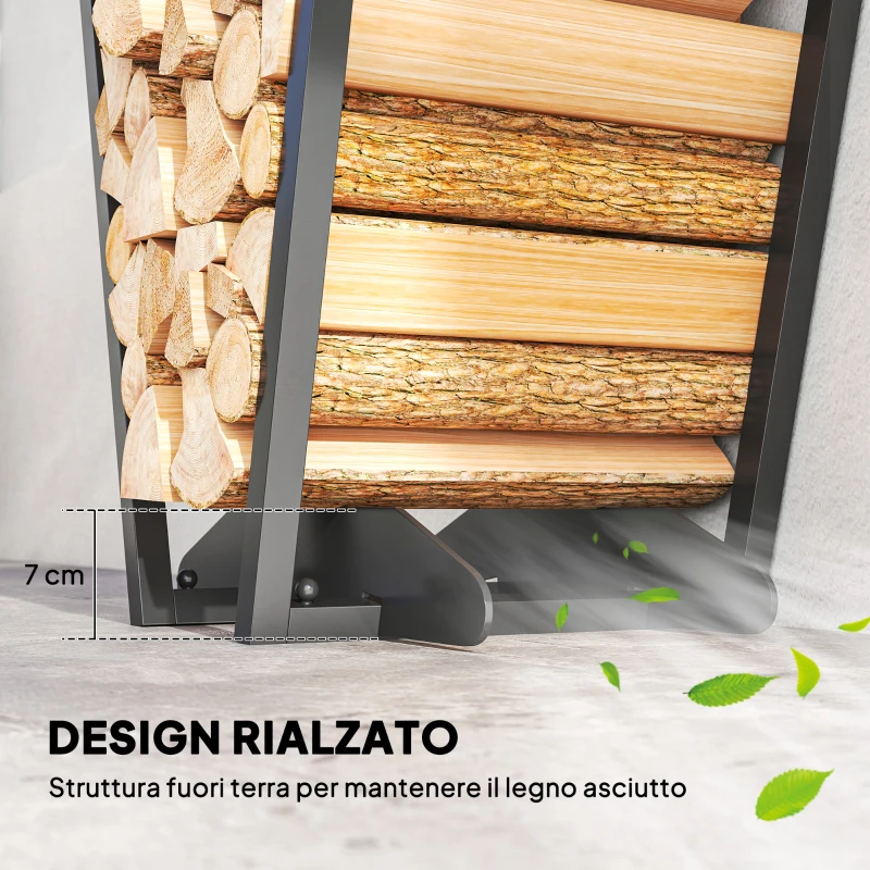 Outsunny Scaffale Portalegna con Ganci da Esterno e Interno in Acciaio, 45x32x58cm, Nero