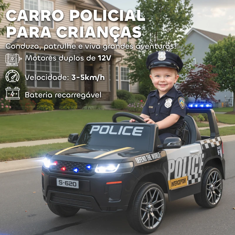 AIYAPLAY Carro Elétrico para Crianças de Polícia 12V com Motor Duplo Suspensão em 4 Rodas Sirene Faróis LED Porta USB Bluetooth e Música Preto