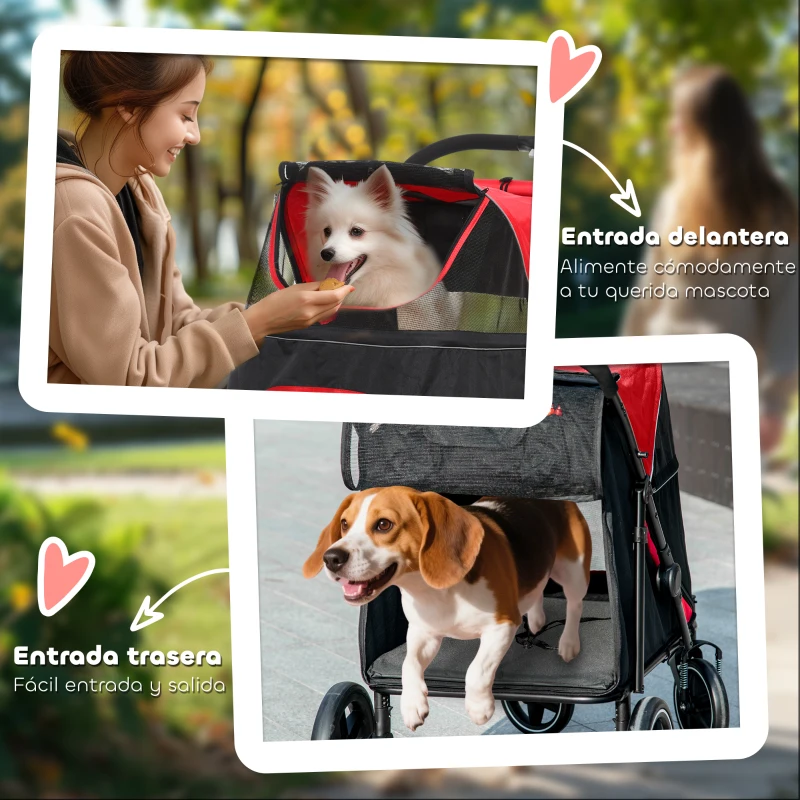 PawHut Cochecito para Perros Plegable Carrito para Mascotas con Ventanas de Malla Correas de Seguridad 112x65x100 cm Rojo