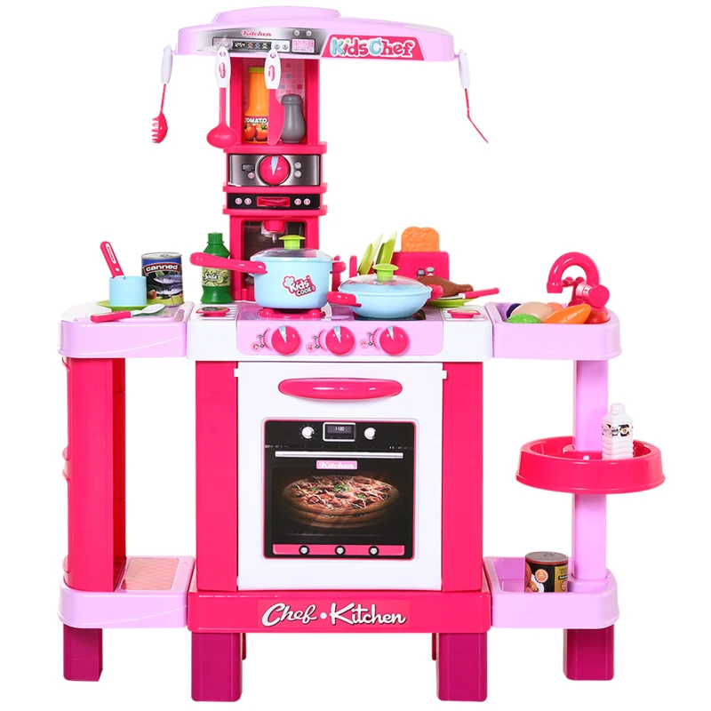 HOMCOM 38 Pcs Kids Children Kitchen Play Set w/ Realistic Sounds Lights Food Utensils Pots Pans Appliances Toy Game Pink