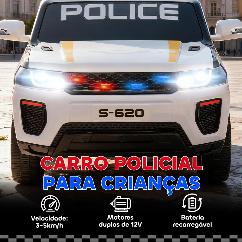 AIYAPLAY Carro Elétrico para Crianças de Polícia 12V com Motor Duplo Suspensão em 4 Rodas Sirene Faróis LED Porta USB Bluetooth e Música Branco