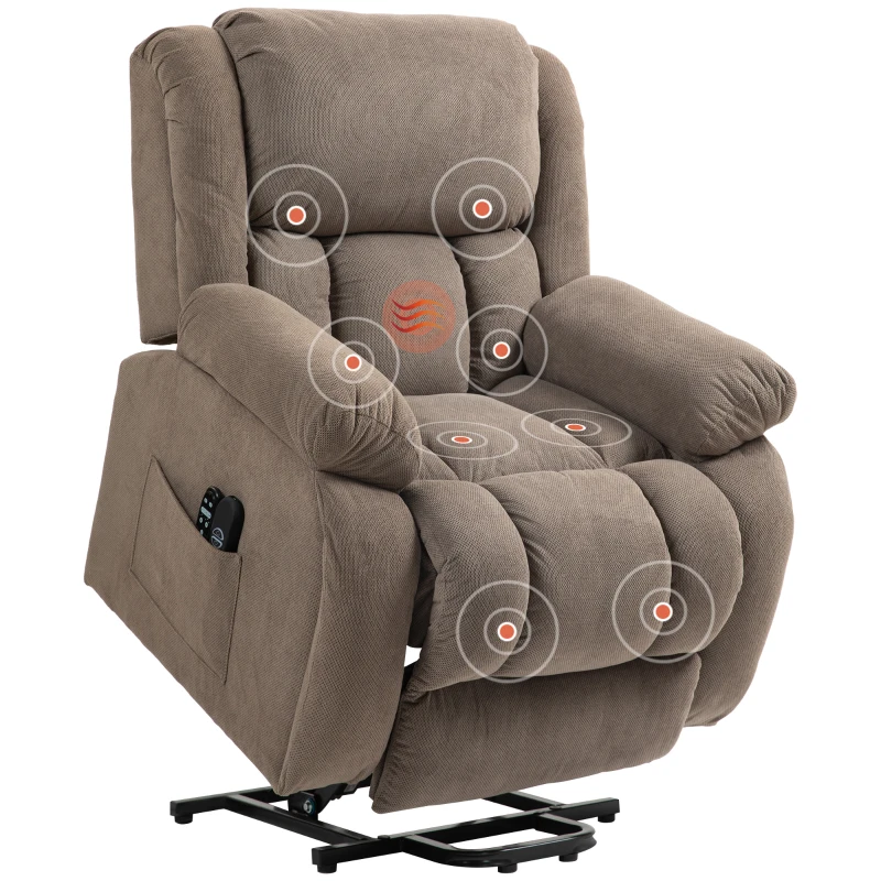 HOMCOM Poltrona Alzapersona Massaggiante e Reclinabile con 2 Tasche e Telecomando, 93x104x105 cm, Marrone Chiaro