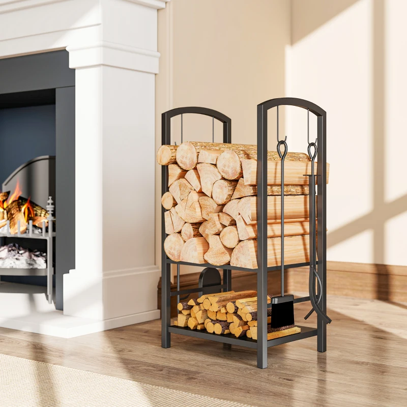 Outsunny Estante de Leña para chimenea Soporte para Leña de 2 Niveles Leñero Exterior e Interior Metálico con 4 Herramientas para Chimenea Carga Máx.100 kg 40x30x74,5 cm Negro