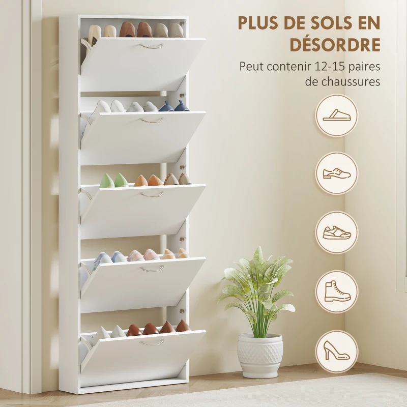 HOMCOM Meuble à chaussures 15 paires, armoire à chaussures étroite moderne avec 5 tiroirs rabattables, 65 x 17 x 180,5 cm blanc
