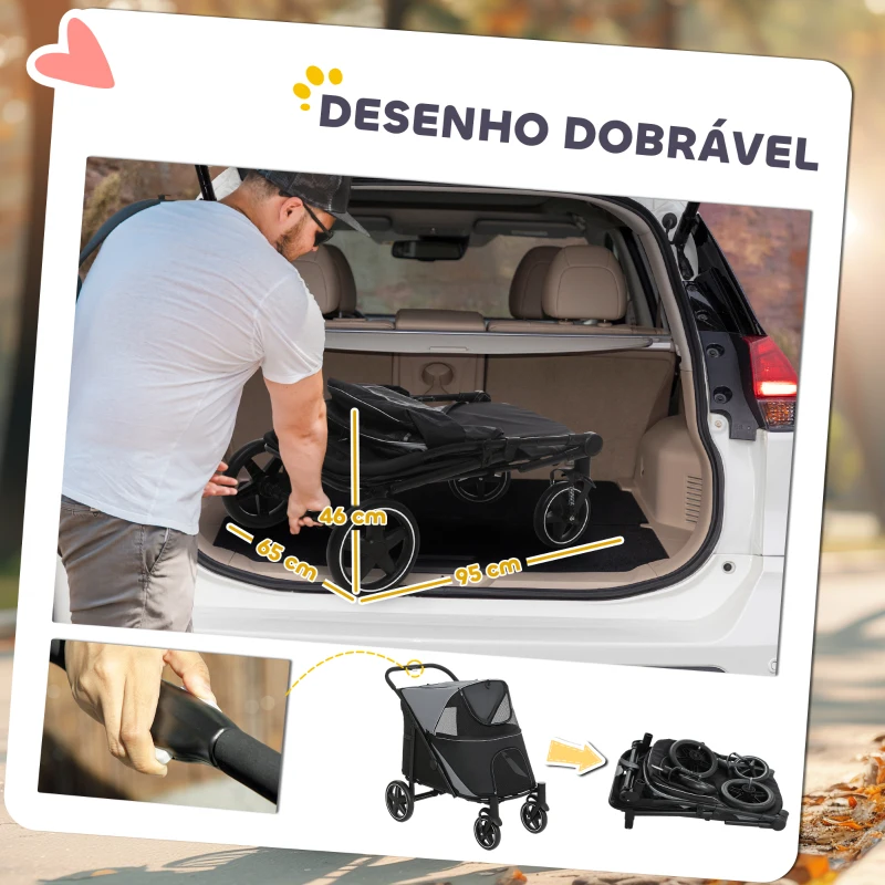 PawHut Carrinho para Cães Dobrável com Janelas de Malha Cinto de Segurança e Bolsos de Armazenamento 112x65x100 cm Cinzento