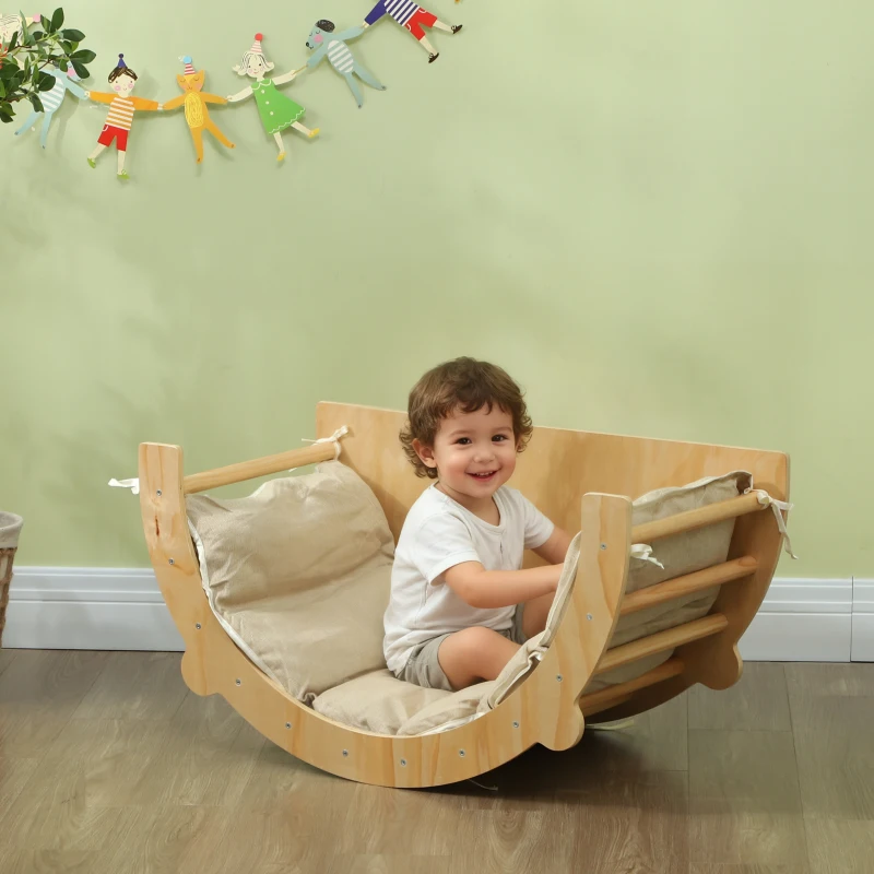 AIYAPLAY 3 en 1 Arche d'escalade fauteuil à bascule et table de jeu coussin, en bois naturel, pour enfants de 18 à 48 mois