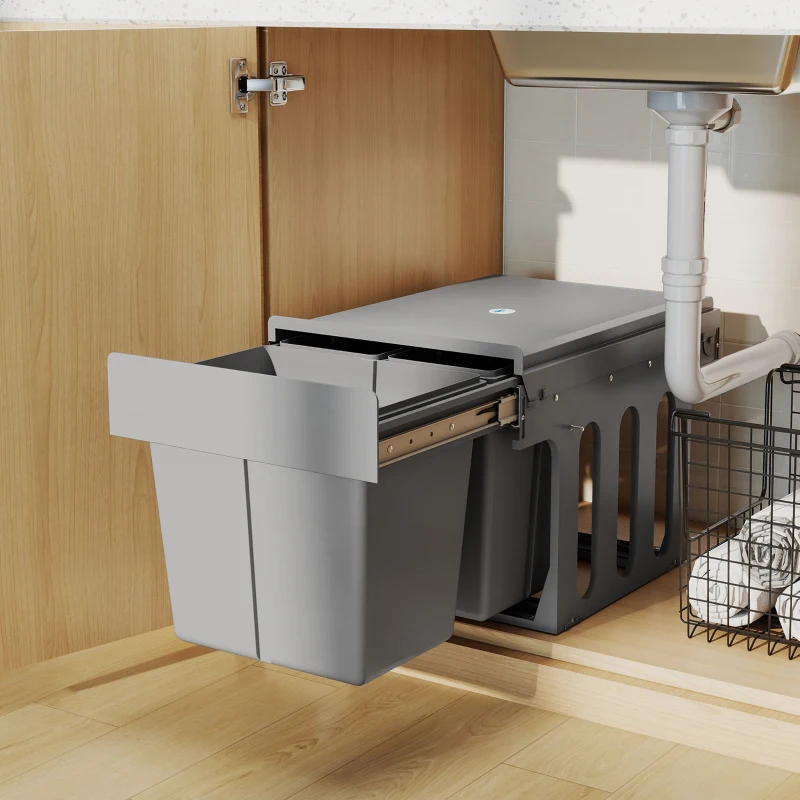 HOMCOM Cestino Rifiuti Estraibile sotto Lavello con 3 Contenitori Capacità Totale 31L (15L+8Lx2) Fissaggio Inferiore Grigio chiaro
