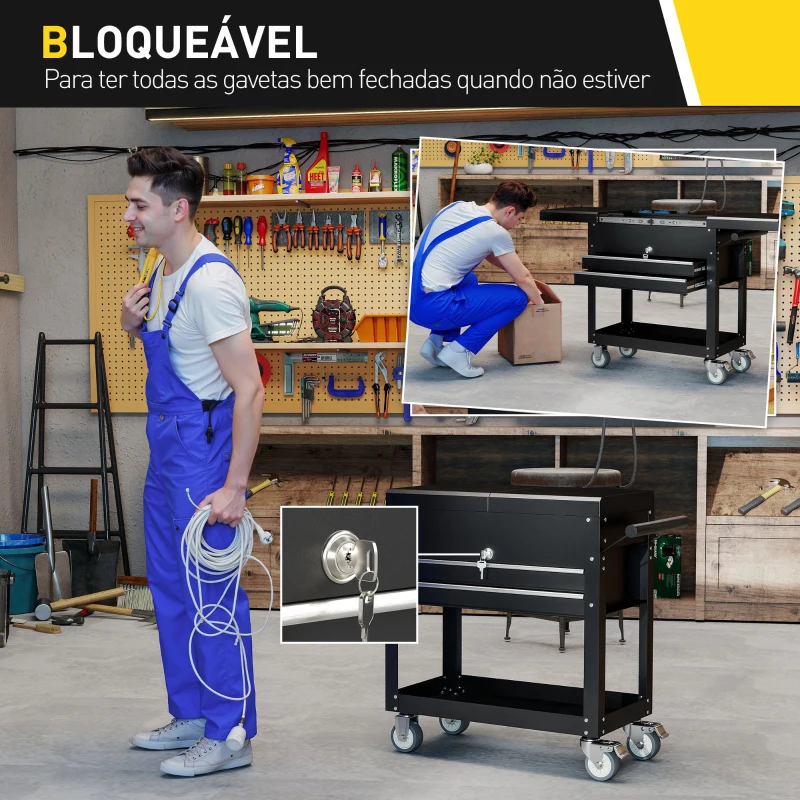 HOMCOM Carrinho de Ferramentas com Rodas Carrinho de Oficina Móvel com Tampa Deslizante 2 Gavetas com Fecho Bandeja 77,5–130x38x80 cm Preto