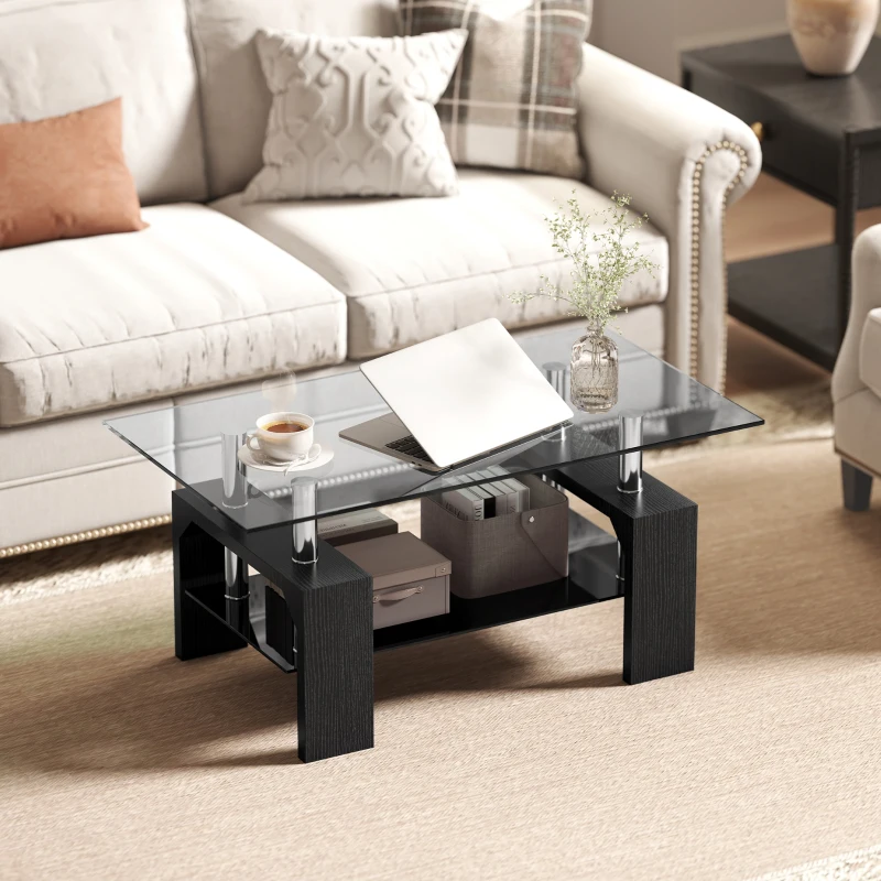 HOMCOM Tavolino da Caffè Moderno a 2 Livelli in Legno e Acciaio con Piano in Vetro Temperato, 90x50x42 cm, Nero
