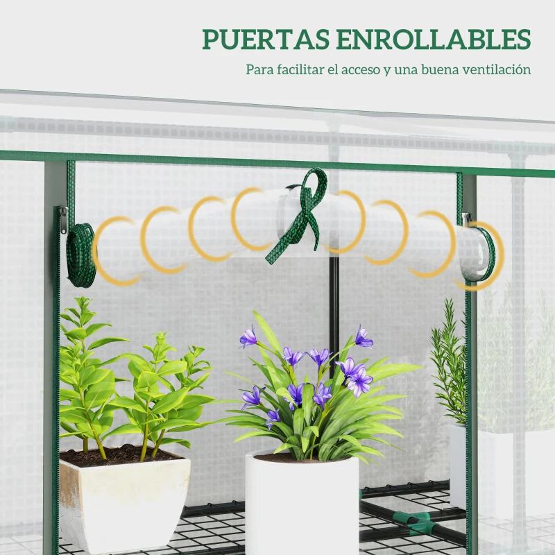 Outsunny Invernadero de Exterior de 3 Niveles con Puerta Enrollable con Cremallera 9 Estantes Cubierta de PE 215x46x151cm Blanco