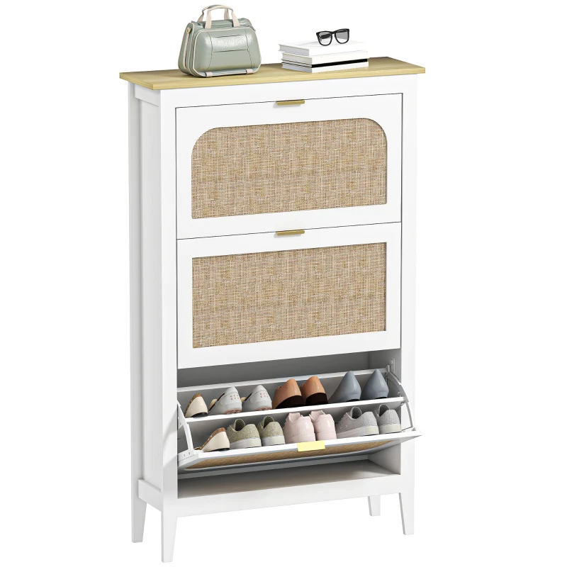 HOMCOM Meuble à chaussures 21 paires bohème avec 3 tiroirs rabattables, portes effet cannage rotin, 80 x 24 x 131 cm, blanc