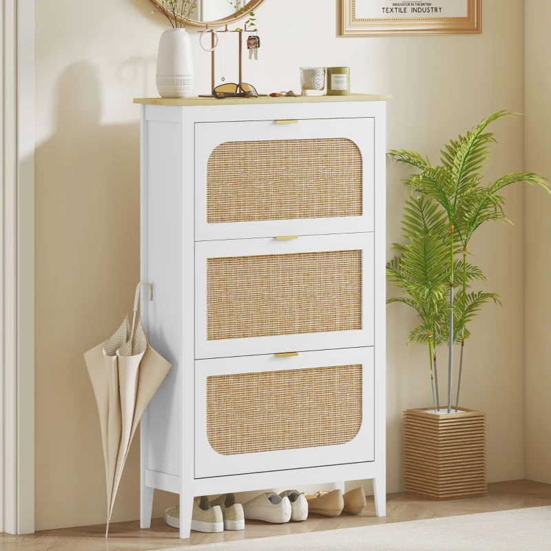 HOMCOM Meuble à chaussures 21 paires bohème avec 3 tiroirs rabattables, portes effet cannage rotin, 80 x 24 x 131 cm, blanc