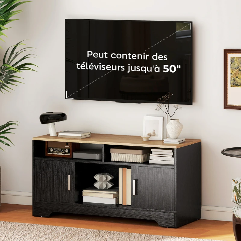 HOMCOM Meuble TV banc TV en bois avec 2 niches 2 armoires à porte une armoire ouverte 105 x 40 x 52 cm effet bois noir