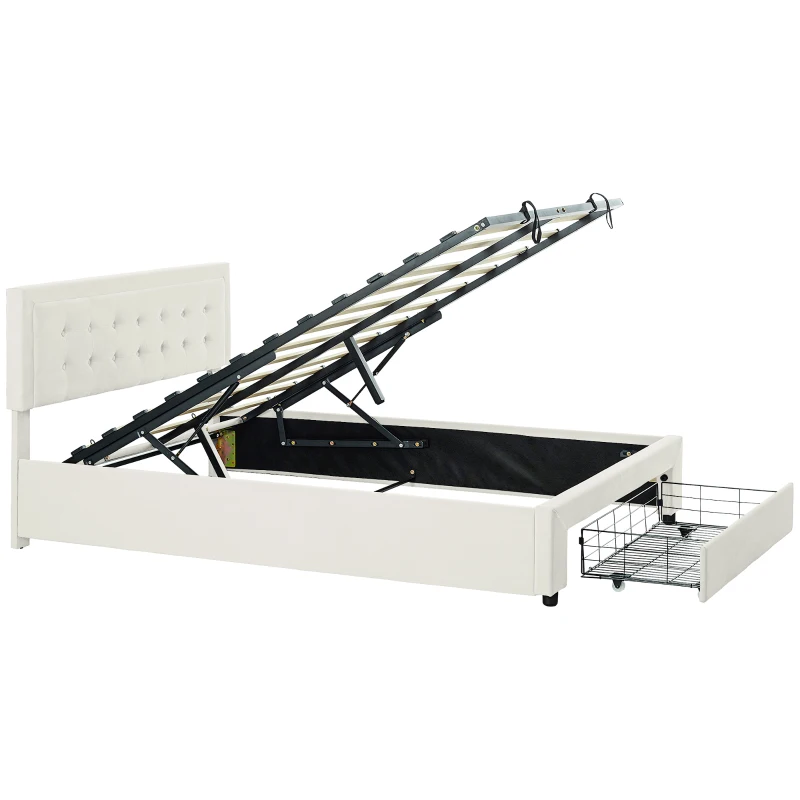 HOMCOM Double Ottoman Bed Frame, with Front Drawer - Cream