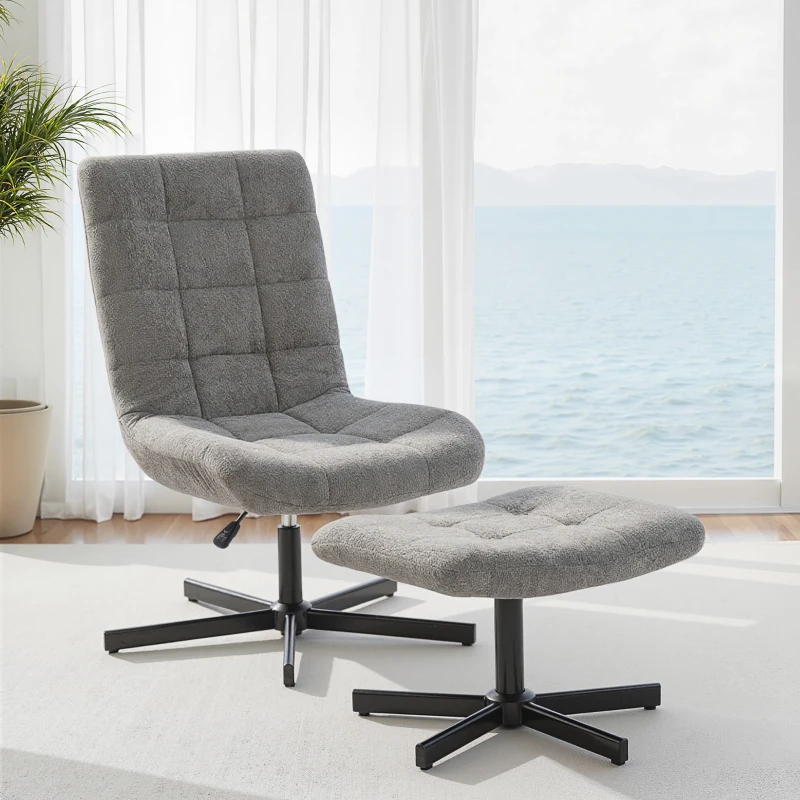 HOMCOM Fauteuil salon avec repose-pieds, chaise pivotante, hauteur réglable, dossier inclinable, 66 x 80 x 93-104 cm, gris