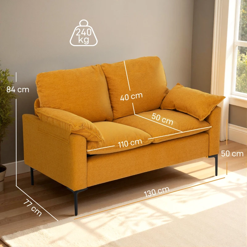 HOMCOM Sofá de 2 Lugares Revestido em Veludo Sofá Moderno com Pés de Metal Apoios de Braços Acolchoados 130x77x84 cm Amarelo Mostarda