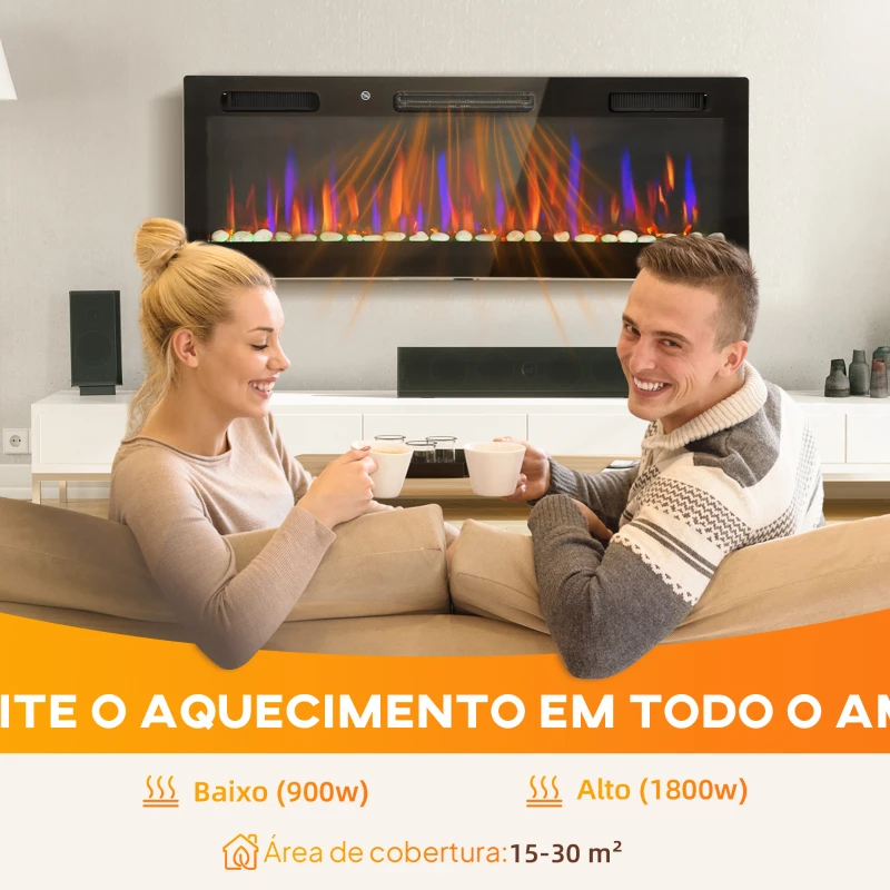 HOMCOM Lareira Elétrica Ultrafina de Parede e Embutir com Chama 3D Brilho/Velocidade Ajustável 12 Cores Pedras 900/1800W 127x9,4x47 cm Preto