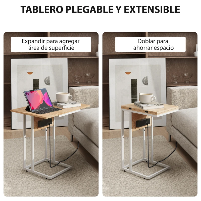 HOMCOM Mesa Auxiliar para Sofá con Encimera Plegable y Estación de Carga Forma de C para Salón Blanco y Natural