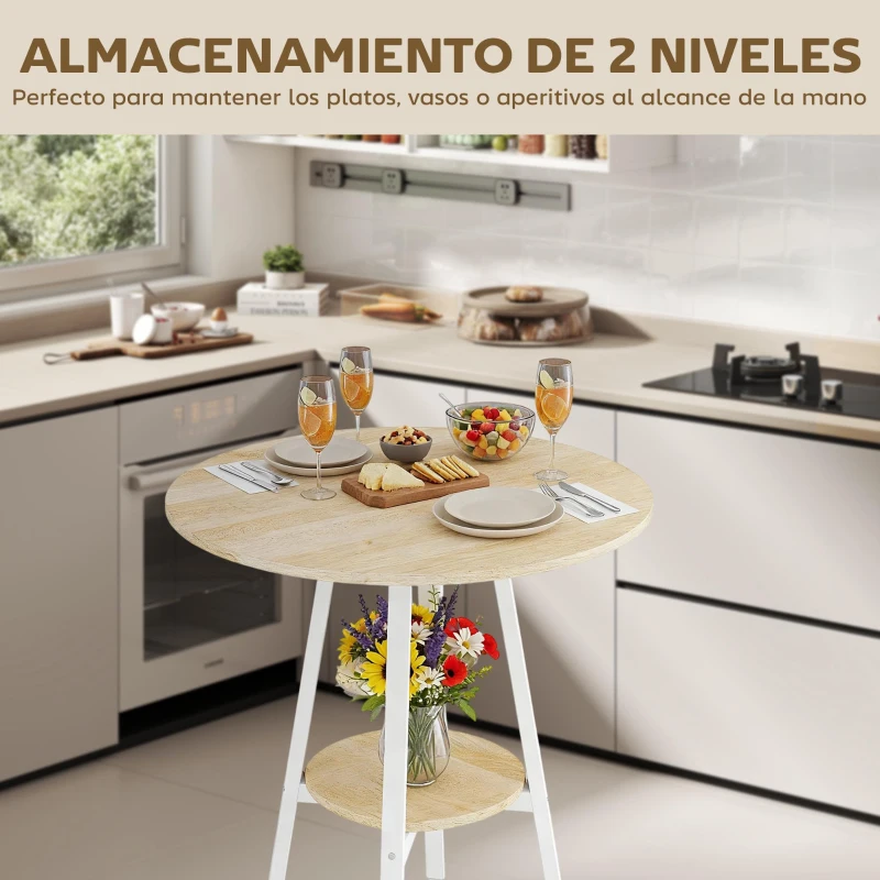 HOMCOM Mesa Alta Cocina Redonda con Estante de Almacenamiento Moderna para 2 Personas 55x55x95 cm Madera Natural y Blanco