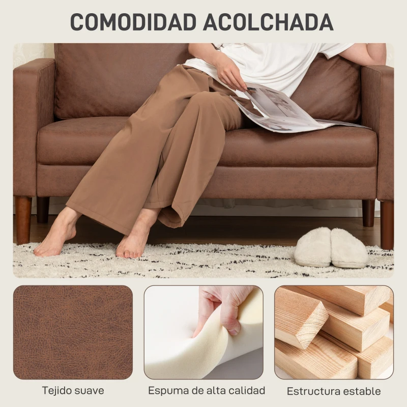 HOMCOM Sofá de 2 Plazas Tapizado en Microfibra con Patas de Madera Reposabrazos 130x78x85 cm Marrón