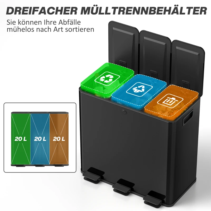 HOMCOM Mülleimer mit 3 x 20 L Fächern, Deodorant-Deckel, fingerabdrucksicher, Soft-Close, herausnehmbar, Schwarz(m-4)