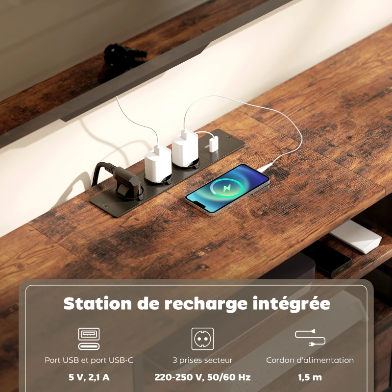 HOMCOM Meuble TV 140 cm, meuble télé 65 pouces, station de charge, 5 tiroirs en tissu, étagères ouvertes, 140x30x50cm, marron