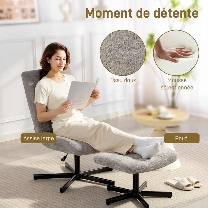 HOMCOM Fauteuil salon avec repose-pieds, chaise pivotante, hauteur réglable, dossier inclinable, 66 x 80 x 93-104 cm, gris