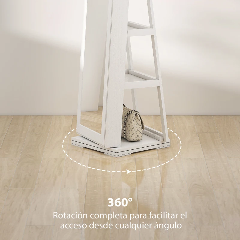 HOMCOM Espejo Joyero Giratorio 360° Organizador de Joyas con Cerradura y Espejo Pequeño Incorporado 38x38x160 cm Blanco Veteado