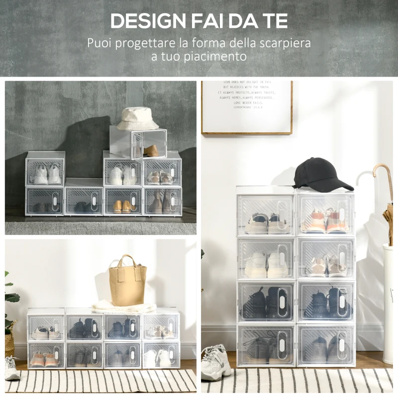 HOMCOM Scarpiera Modulare in PP con 8 Cubi Contenitori e Porta Magnetica, 25x35x19 cm, Bianco e Trasparente