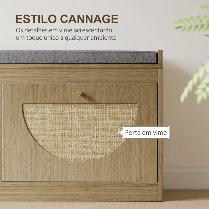 HOMCOM Banco Sapateira com Assento Acolchoado Portas em Vime Prateleira Ajustável para 8 Pares de Sapatos 104,5x24x48 cm Madeira