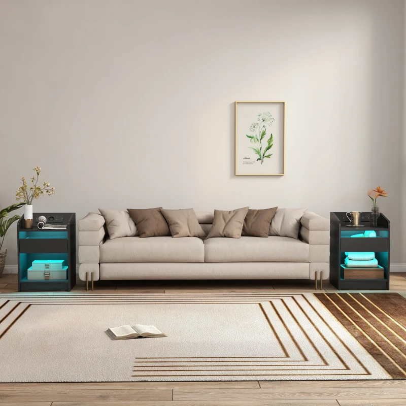 HOMCOM Mesita de Noche con Estación de Carga Luz LED RGB Cajón Estante Abierto Puertos USB y Control Remoto 40x40x58 Cm Negro