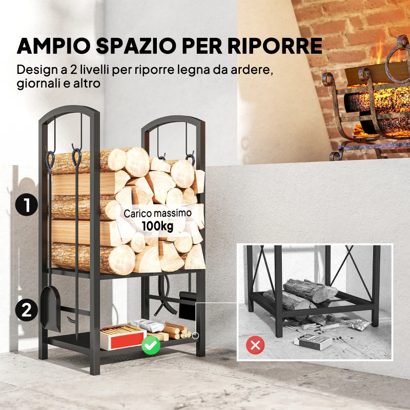 Outsunny Portalegna da Interno ed Esterno Rialzato a 2 Ripiani, Porta Legna da Ardere in Metallo con Paletta, Scopa, Attizzatoio e Pinza, Capacità 100 kg, 40x30x74.5 cm, Nero