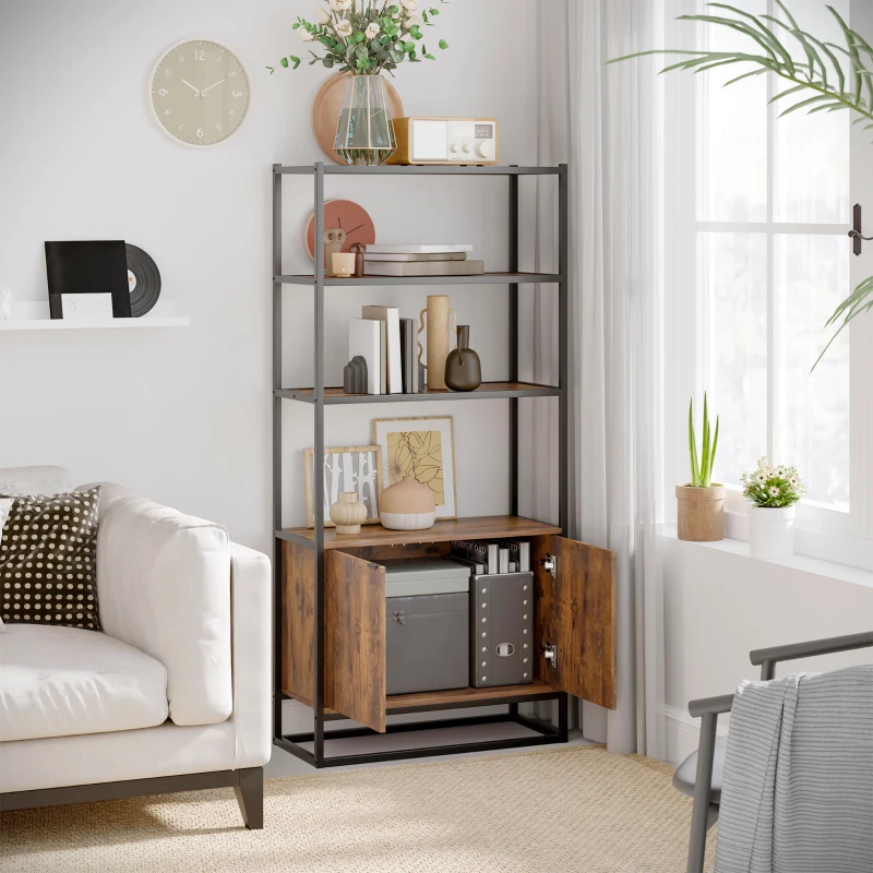 HOMCOM Bibliothèque Style Industriel 3 étagères + Placard 2 Portes Panneaux Particules Aspect Vieux Bois métal Noir