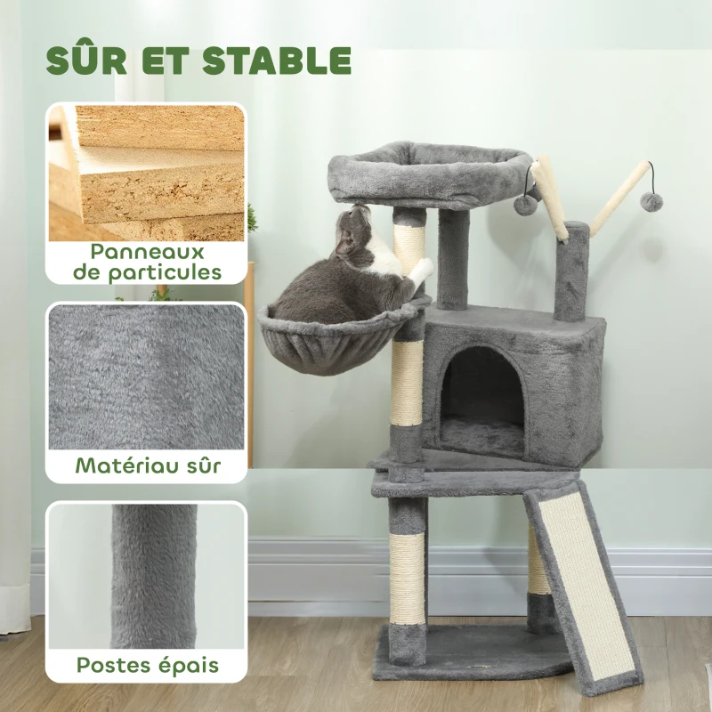 PawHut Arbre à chat tour de jeux pour chats griffoirs et tapis en sisal, plate-forme, niche, hamac, 40,5 x 40,5 x 103 cm, gris