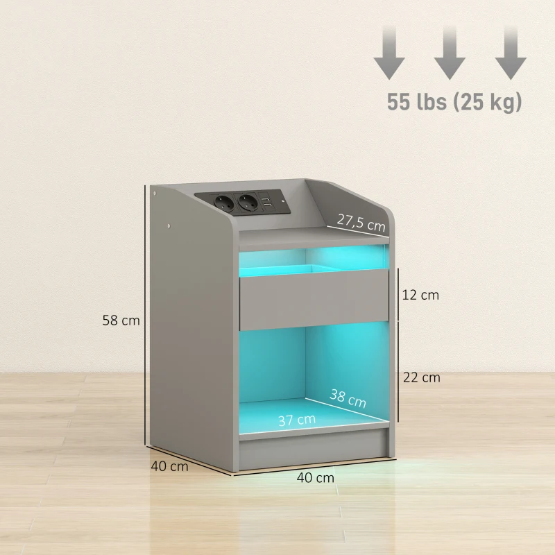 HOMCOM Mesita de Noche con Estación de Carga Luz LED RGB Cajón Estante Abierto Puertos USB y Control Remoto 40x40x58 Cm Gris