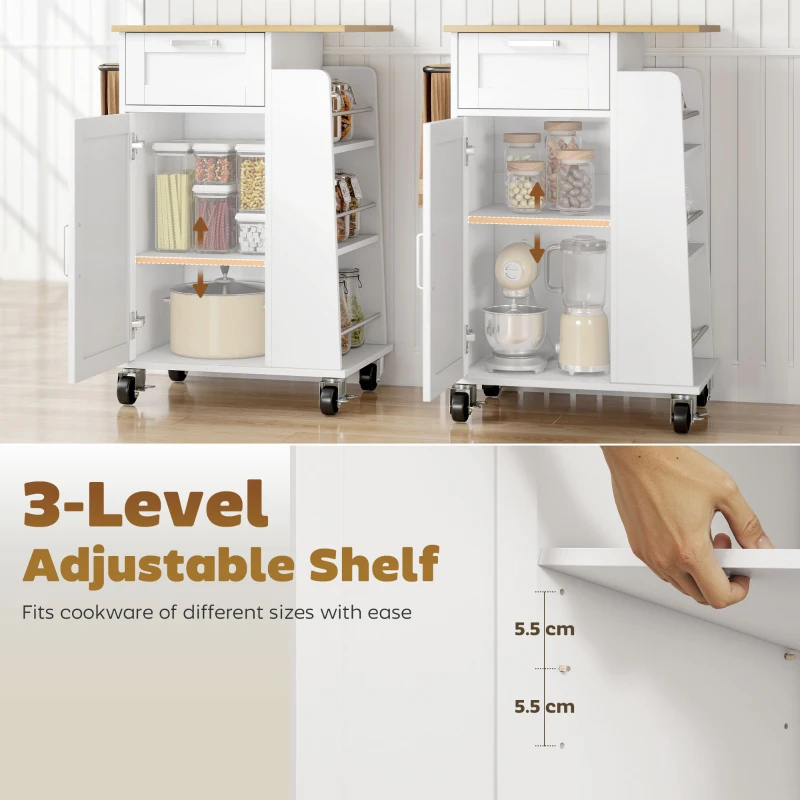 Cărucior de Bucătărie HOMCOM cu Sertar, Dulap, Suport pentru Prosoape și 3 Suporturi pentru Condimente, din Lemn, 62x40x87 cm, Alb