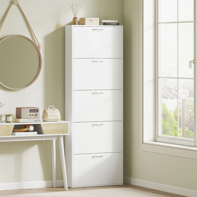 HOMCOM Meuble à chaussures 15 paires, armoire à chaussures étroite moderne avec 5 tiroirs rabattables, 65 x 17 x 180,5 cm blanc
