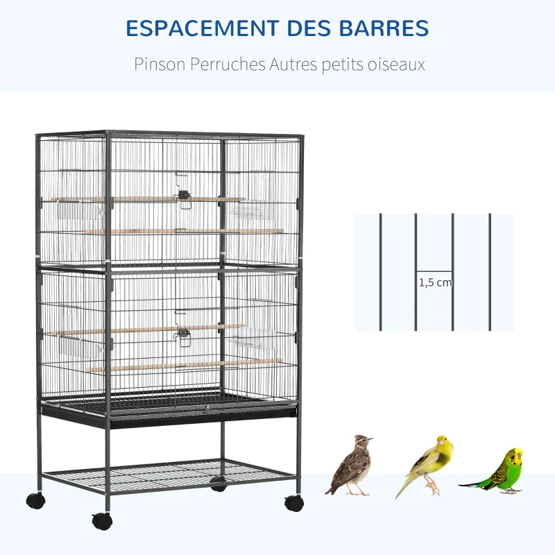 PawHut Cage à oiseaux sur pied volière oiseaux intérieur 4 perchoirs en bois et mangeoires fil d'acier gris foncé