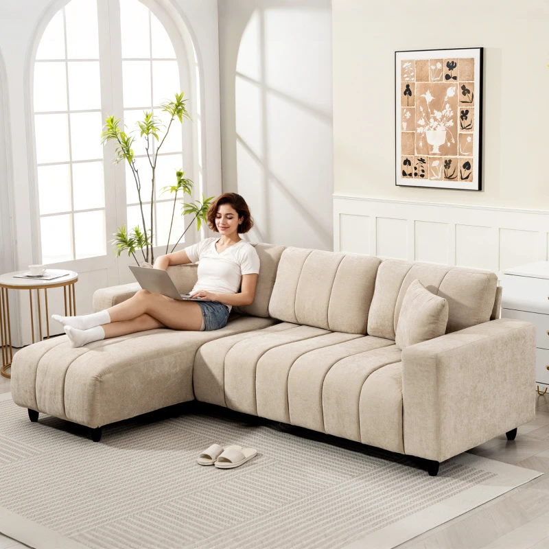 HOMCOM Canapé d'angle réversible, canapé 3 places avec méridienne, 2 oreillers, cadre en acier, 242x156x87cm, beige