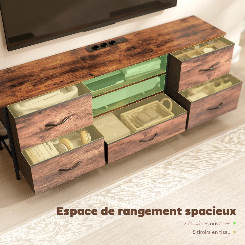 HOMCOM Meuble TV 140 cm, meuble télé 65 pouces, station de charge, 5 tiroirs en tissu, étagères ouvertes, 140x30x50cm, marron