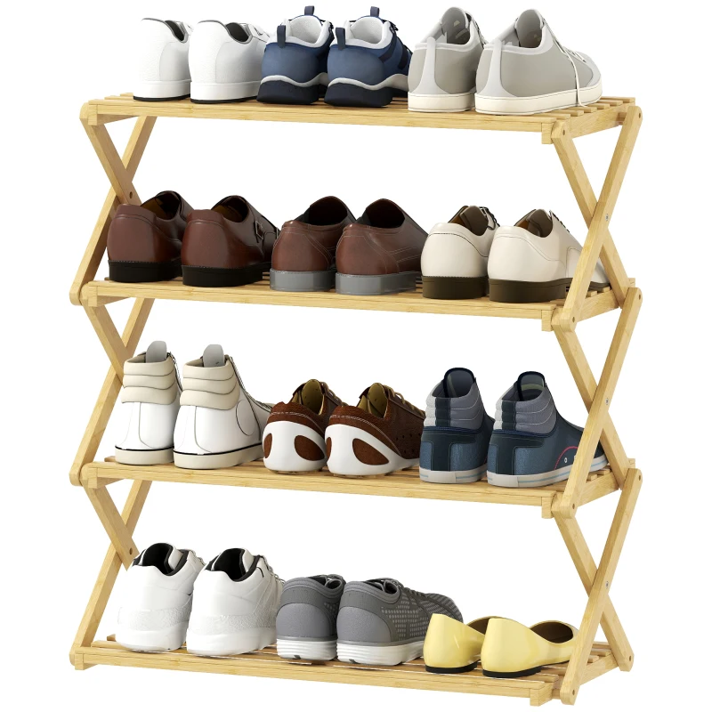 HOMCOM Four-Tier Folding Bamboo Shoe Rack - Natural Finish