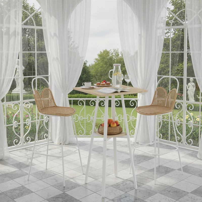 HOMCOM Mesa Alta Cocina Cuadrada con Estante para 2 Personas Patas de Metal 55x55x95 cm Madera Natural y Blanco