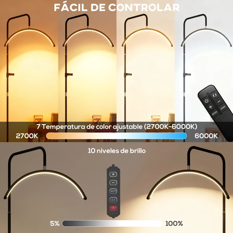 HOMCOM Lámpara Pestañas Media Luna con Cabeza Giratoria 350° 7 Temperaturas de Color Brillo Ajustable Soporte para Teléfono