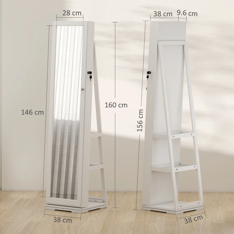 HOMCOM Specchio Portagioie Girevole per Camera da Letto con 2 Chiavi, in Legno Bianco e Vetro, 38x38x160 cm