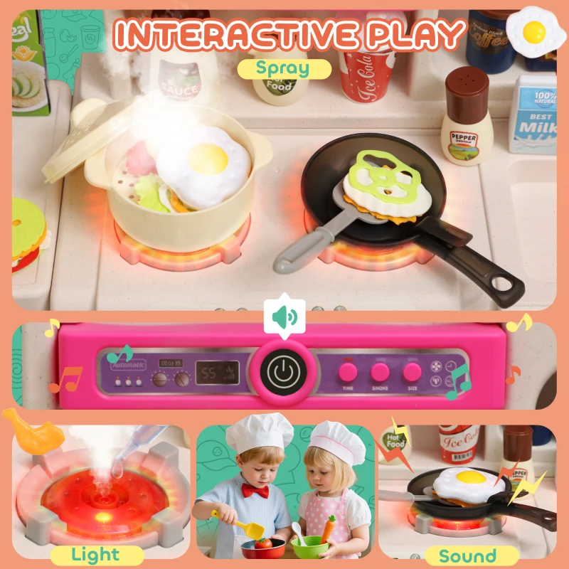 AIYAPLAY Pretend Play Kitchen Set with Realistic Lights & Sounds, 104PCS Toy Kitchen Accessories for Boys and Girls, Pink