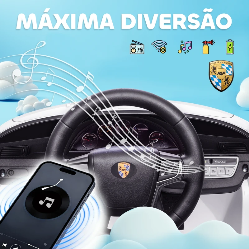 AIYAPLAY Carro Elétrico para Crianças de Polícia  12V com Motor Duplo Sirene Música Sem Fios Buzina Rodas Auxiliares e Faróis LED 105x58x49 cm Branco